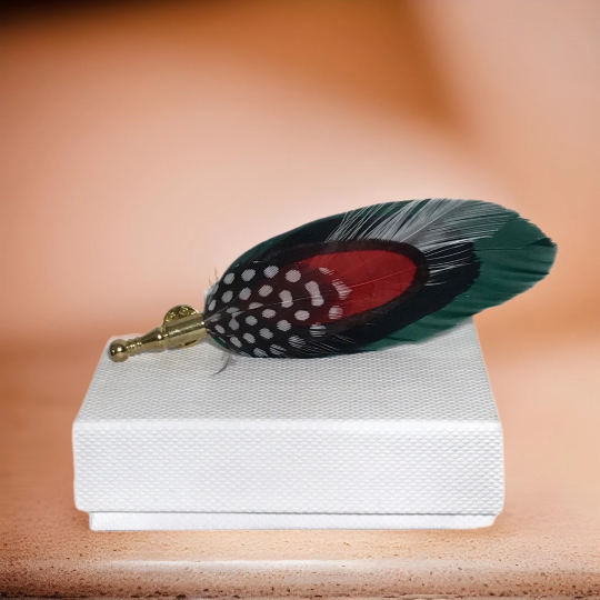 Green, Black, White and Red Hen Feather Lapel Pin