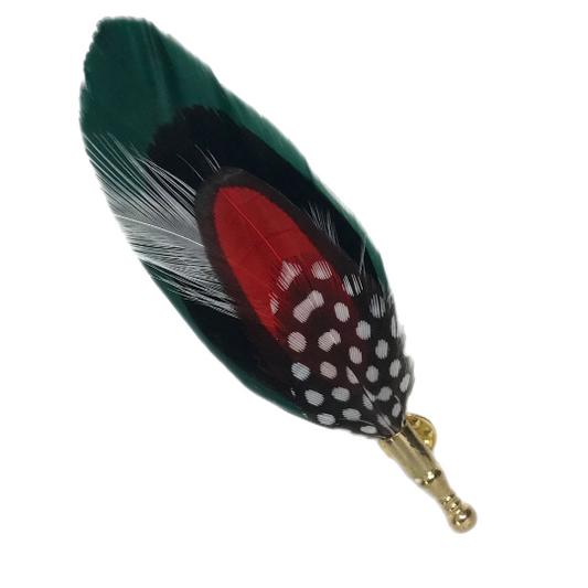 Green, Black, White and Red Hen Feather Lapel Pin