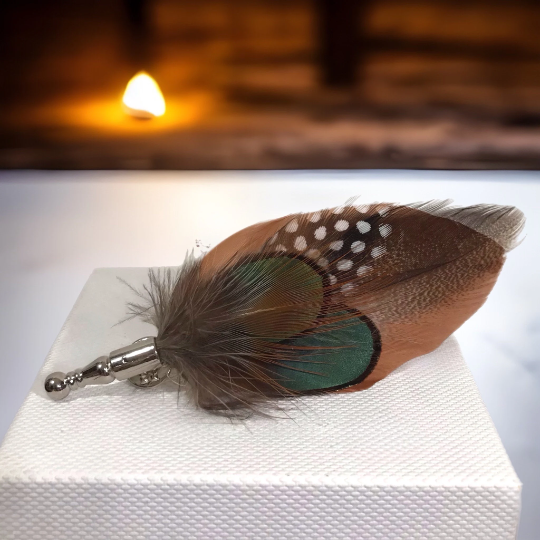 Brown, Beige, Green, Black and White Polka Dot Duck / Hen / Peacock Feather Lapel Pin