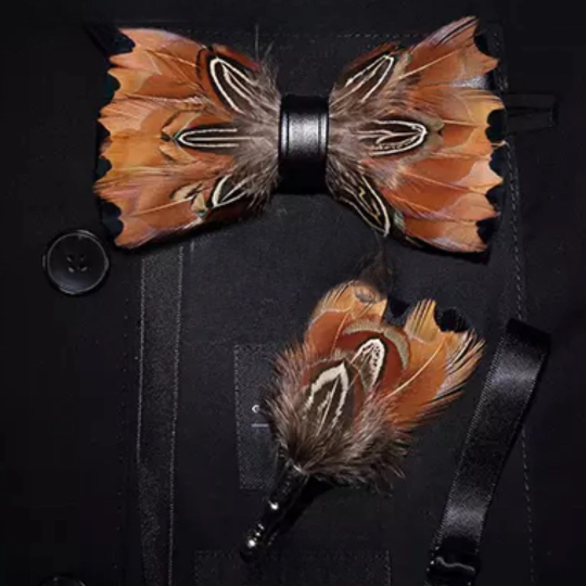 Mixed Brown and Black Feather Bow Tie and Pin Set