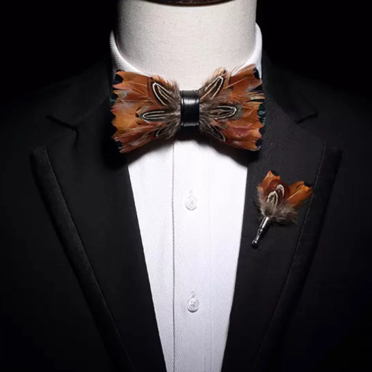 Mixed Brown and Black Feather Bow Tie and Pin Set