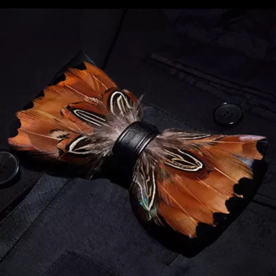 Mixed Brown and Black Feather Bow Tie and Pin Set