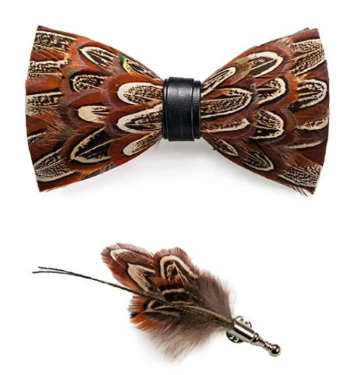 Pecan Brown and Beige Feather Bow Tie and Pin Set (Child & Adult Size)