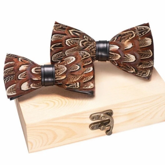 Pecan Brown and Beige Feather Bow Tie and Pin Set (Child & Adult Size)