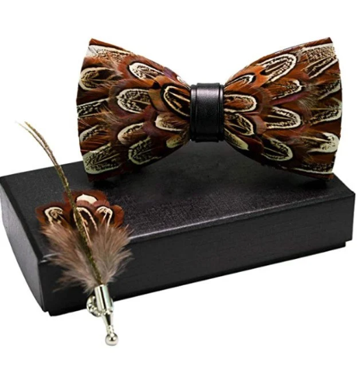 Pecan Brown and Beige Feather Bow Tie and Pin Set (Child & Adult Size)