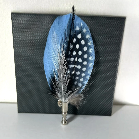 Light Blue, Black and White Pheasant Feather Lapel Pin