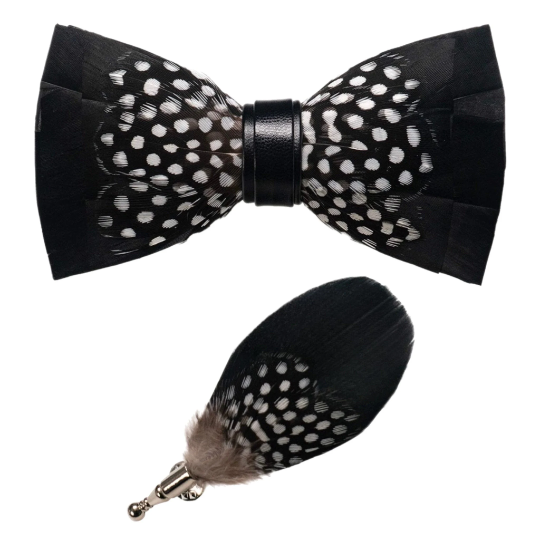 Black and White Polka Dot Feather Bow Tie & Pin Set