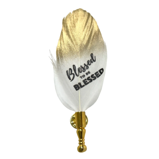 White and Gold Blessed To Be Blessed Feather Lapel Pin