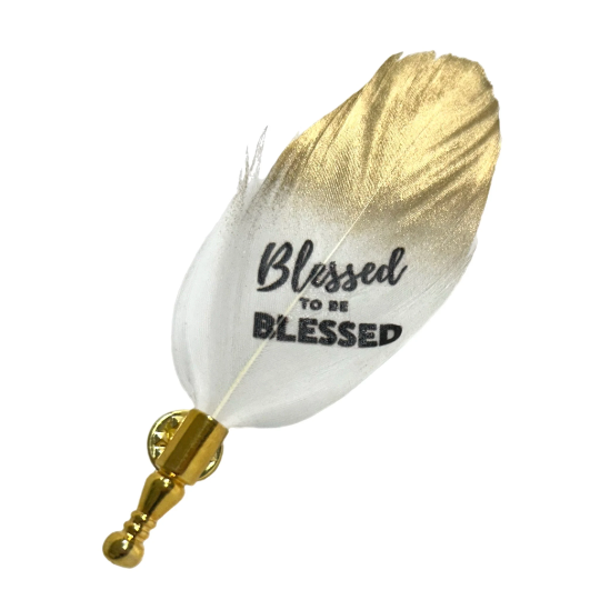 White and Gold Blessed To Be Blessed Feather Lapel Pin