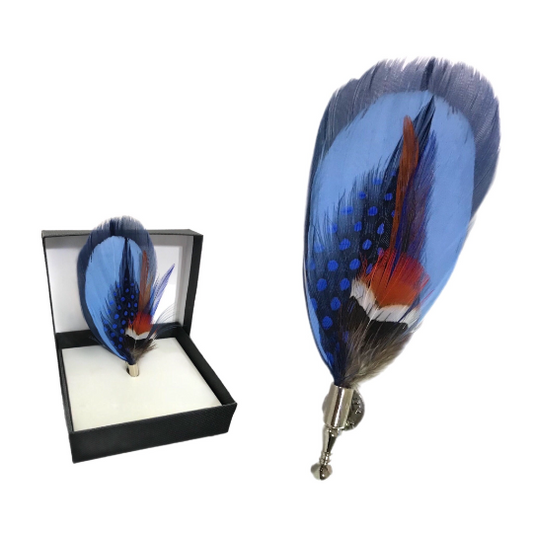 Navy, Baby Blue and Burnt Orange Pheasant Feather Lapel Pin