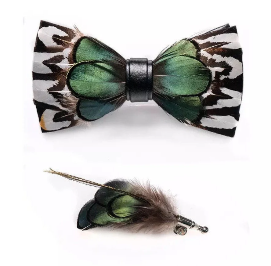 Black, Green, Cream White and Brown Mixed Pheasant Iridescent Feather Bow Tie & Pin Set