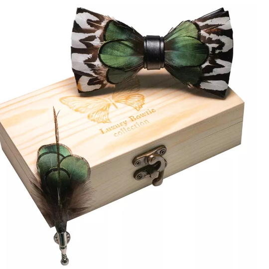 Black, Green, Cream White and Brown Mixed Pheasant Iridescent Feather Bow Tie & Pin Set