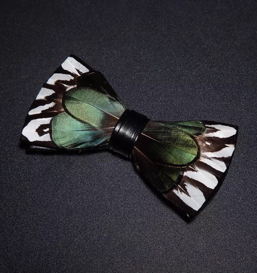 Black, Green, Cream White and Brown Mixed Pheasant Iridescent Feather Bow Tie & Pin Set