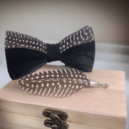 Black and White Polka Dot Pheasant Feather Bow Tie and Pin Set