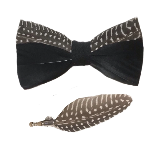 Black and White Polka Dot Pheasant Feather Bow Tie and Pin Set