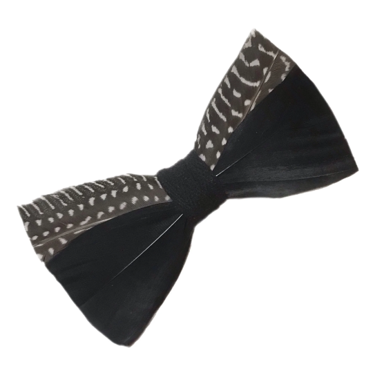 Black and White Polka Dot Pheasant Feather Bow Tie and Pin Set