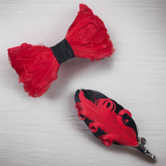 Fancy Fluffy Curly Red and Black Feather Bow Tie and Lapel Pin Set