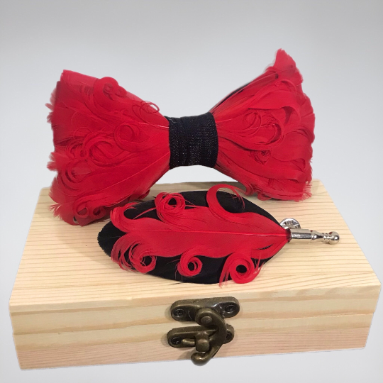 Fancy Fluffy Curly Red and Black Feather Bow Tie and Lapel Pin Set