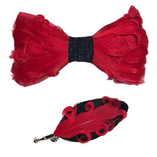 Fancy Fluffy Curly Red and Black Feather Bow Tie and Lapel Pin Set