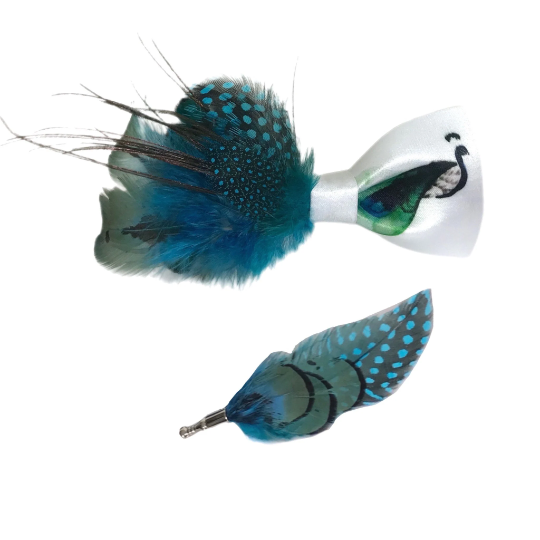 Green / Turquoise Blue / White Peacock Painted Feather Bow Tie & Pin Set