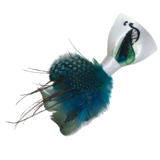 Green / Turquoise Blue / White Peacock Painted Feather Bow Tie & Pin Set