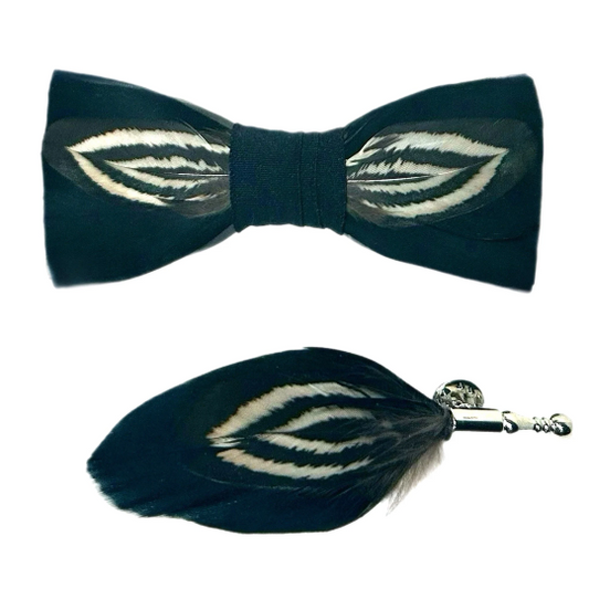 Black, Beige and Dark Brown Phoebe Feather Bow Tie & Pin Set