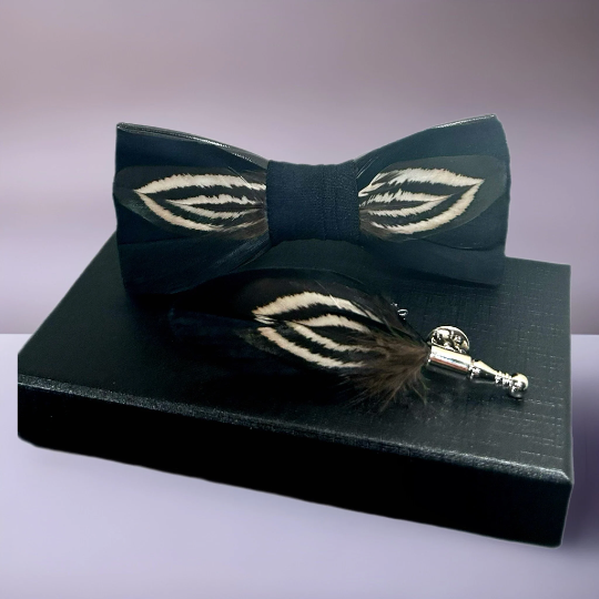 Black, Beige and Dark Brown Phoebe Feather Bow Tie & Pin Set