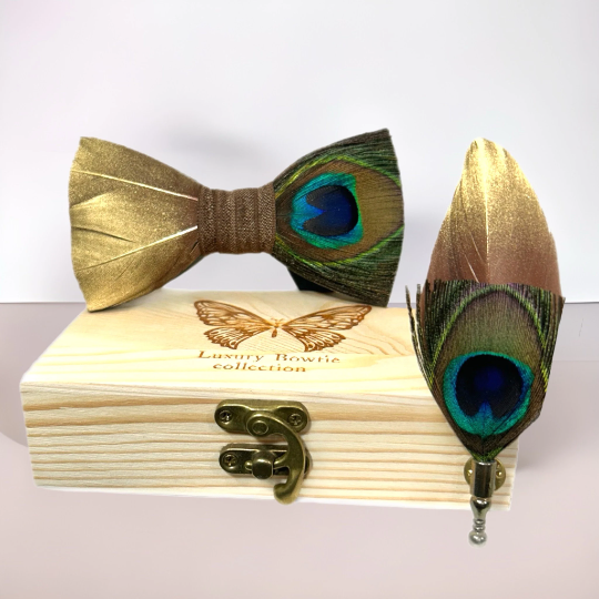 Stylish Bronze Brown, Gold, Green Turquoise Painted Peacock Feather Bow Tie & Pin Set