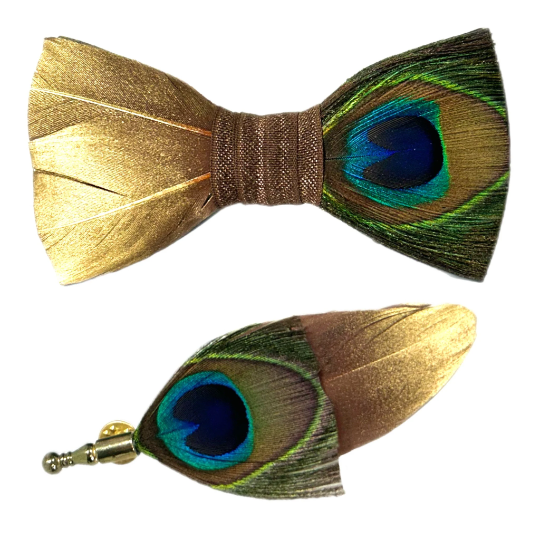 Stylish Bronze Brown, Gold, Green Turquoise Painted Peacock Feather Bow Tie & Pin Set