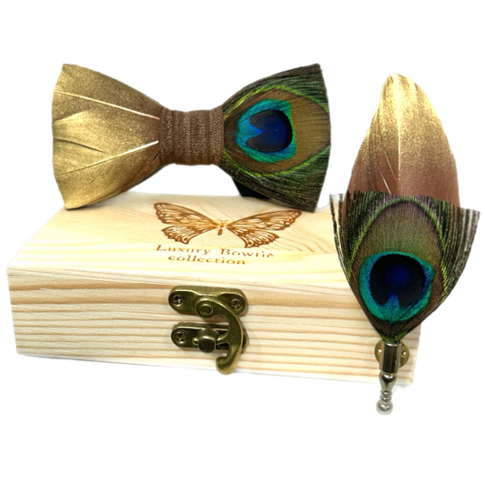 Stylish Bronze Brown, Gold, Green Turquoise Painted Peacock Feather Bow Tie & Pin Set