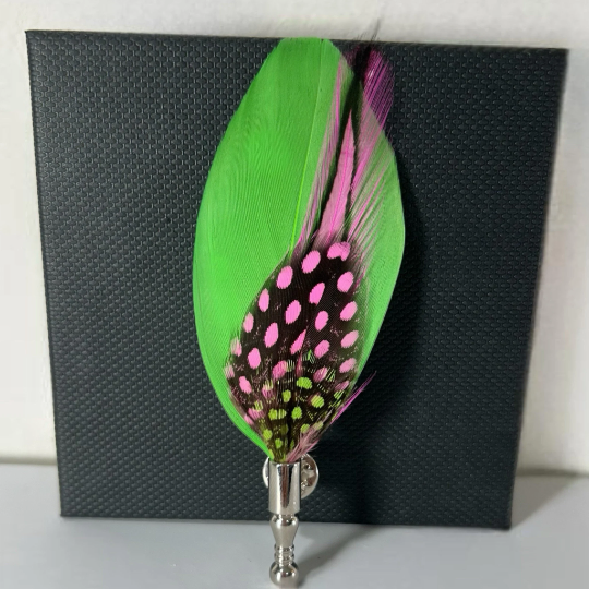 Neon Lime Green, Black, and Hot Pink Dyed Rooster and Hen Feather Lapel Pin