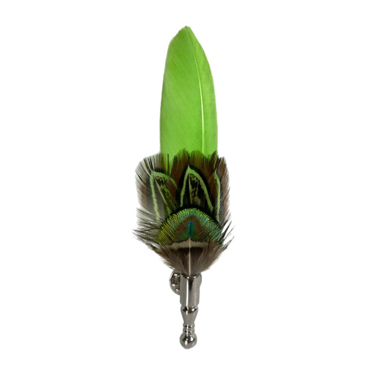 Black, Brown and Neon Lime Green Pheasant and Peacock Feather Lapel Pin