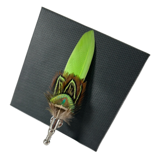 Black, Brown and Neon Lime Green Pheasant and Peacock Feather Lapel Pin