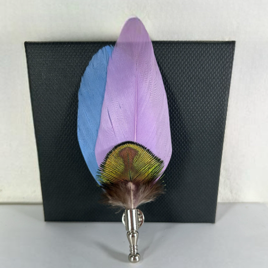 Pink Lavender and Blue Peacock Feather Lapel Pin