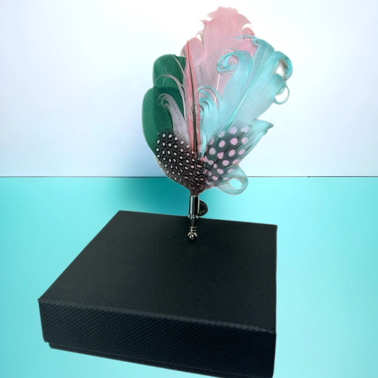 Green, Pink, and Light Aqua Blue Feather Lapel Pin