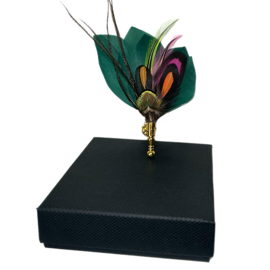 Dark Green, Neon Orange, Pink and Green Gold Feather Lapel Pin