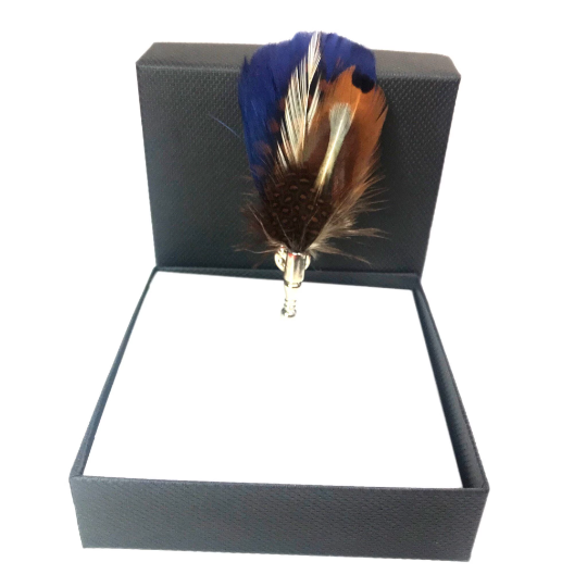 Navy Blue / Brown and Cream White Pheasant Feather Lapel Pin