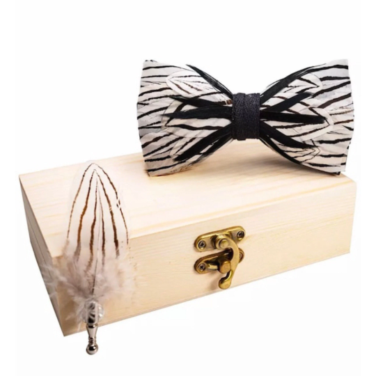 Black / White Zebra Stripe Feather Bow Tie & Pin Set