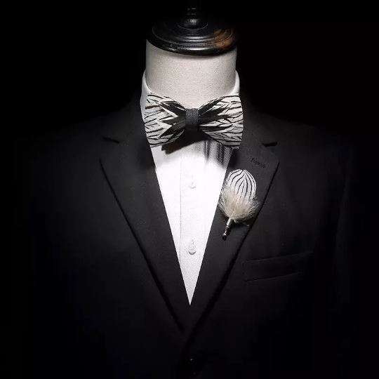 Black / White Zebra Stripe Feather Bow Tie & Pin Set