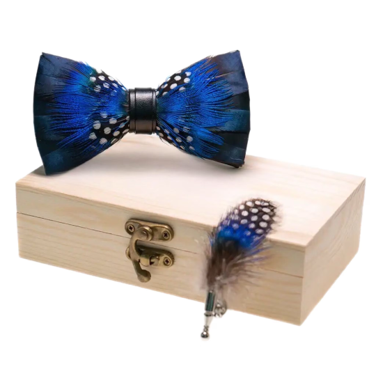 Fancy Dark Navy Blue, Black and White Polka Dot Feather Bow Tie & Pin Set