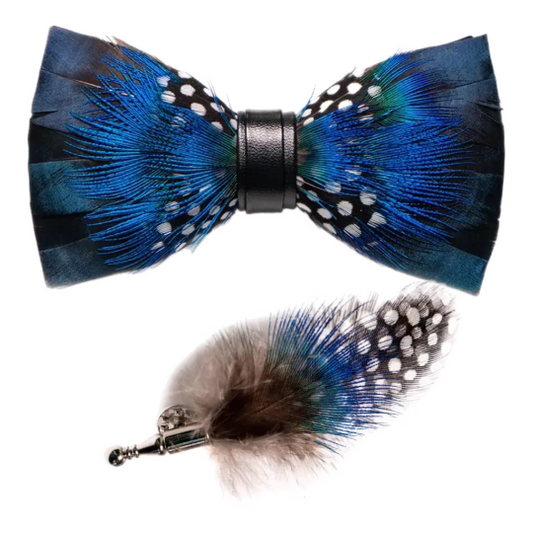 Fancy Dark Navy Blue, Black and White Polka Dot Feather Bow Tie & Pin Set