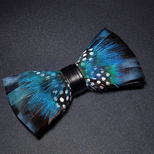 Fancy Dark Navy Blue, Black and White Polka Dot Feather Bow Tie & Pin Set