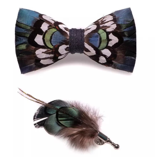 Black, Green, Beige and Brown Pheasant Feather Bow Tie & Pin Set