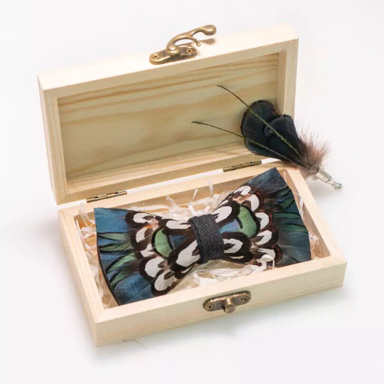 Black, Green, Beige and Brown Pheasant Feather Bow Tie & Pin Set