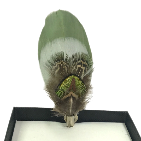 Olive Green Peacock Pheasant Feather Lapel Pin