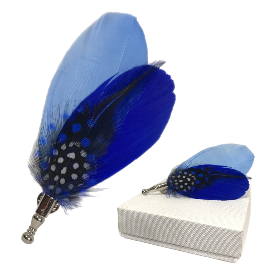 Cobalt & Light Blue, Black / White Polka Dot Feather Lapel Pin