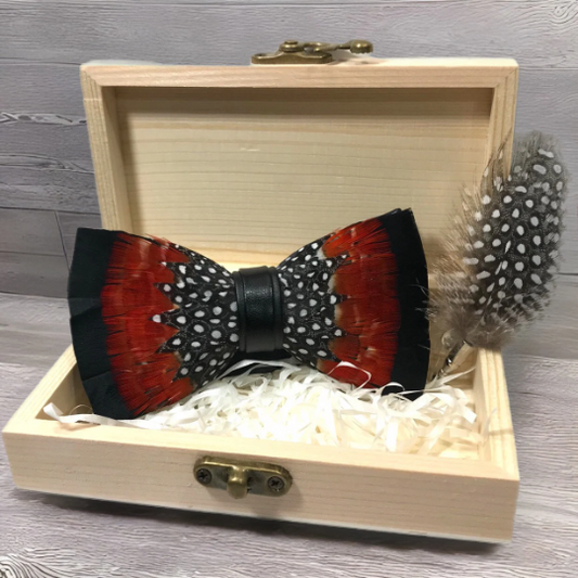 Burnt Orange Red, Black and White Polka Dot Fancy Feather Bow Tie & Pin Set