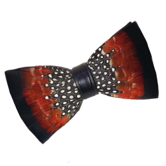 Burnt Orange Red, Black and White Polka Dot Fancy Feather Bow Tie & Pin Set