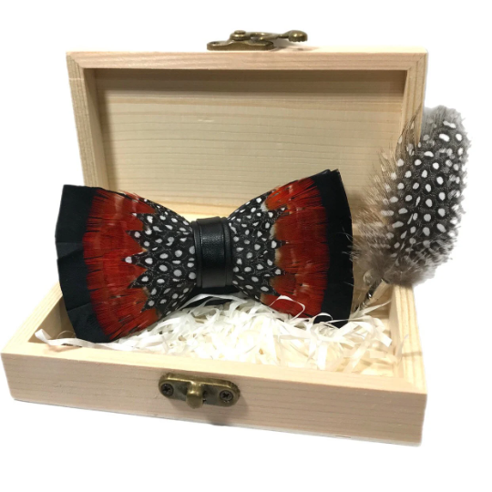 Burnt Orange Red, Black and White Polka Dot Fancy Feather Bow Tie & Pin Set