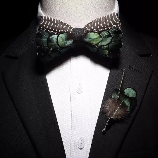 Green and Black Polka Dot Pheasant Feather Bow Tie and Pin Set